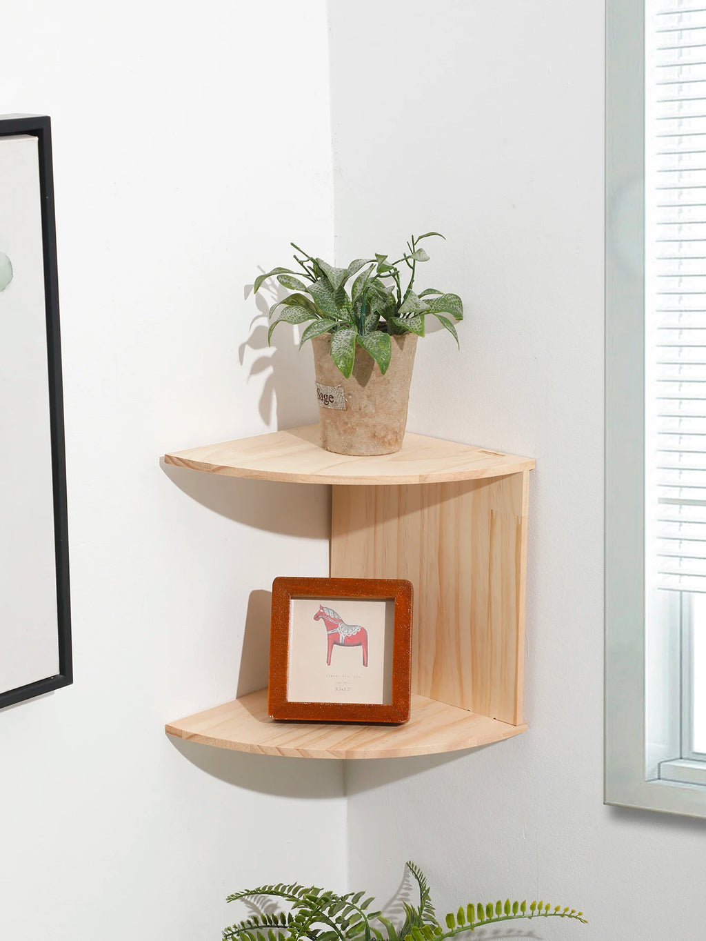 Burlywood 2-Tier Wooden Corner Shelf for Living Room, Bathroom, or Kitchen Wall Organization
