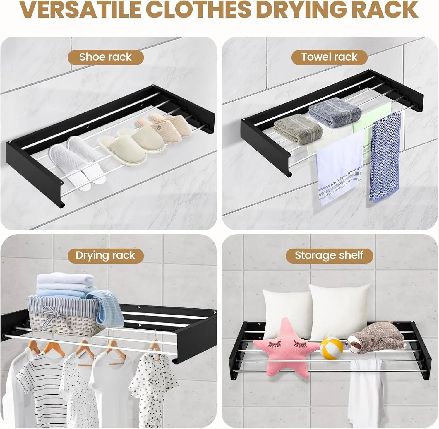 Wall-mounted drying rack used as a shoe rack, towel rack, laundry drying rack, and storage shelf in tiled rooms