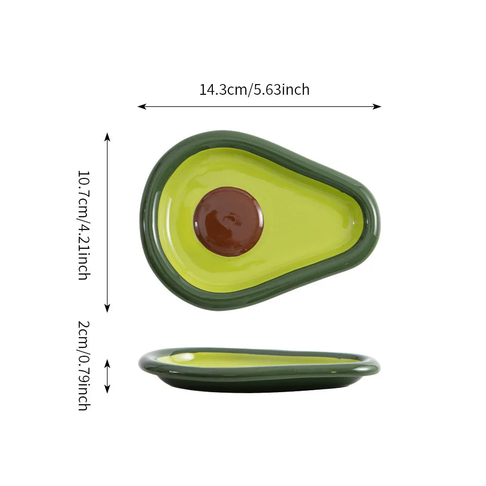 Single avocado ceramic spoon rest with labeled dimensions in centimeters and inches