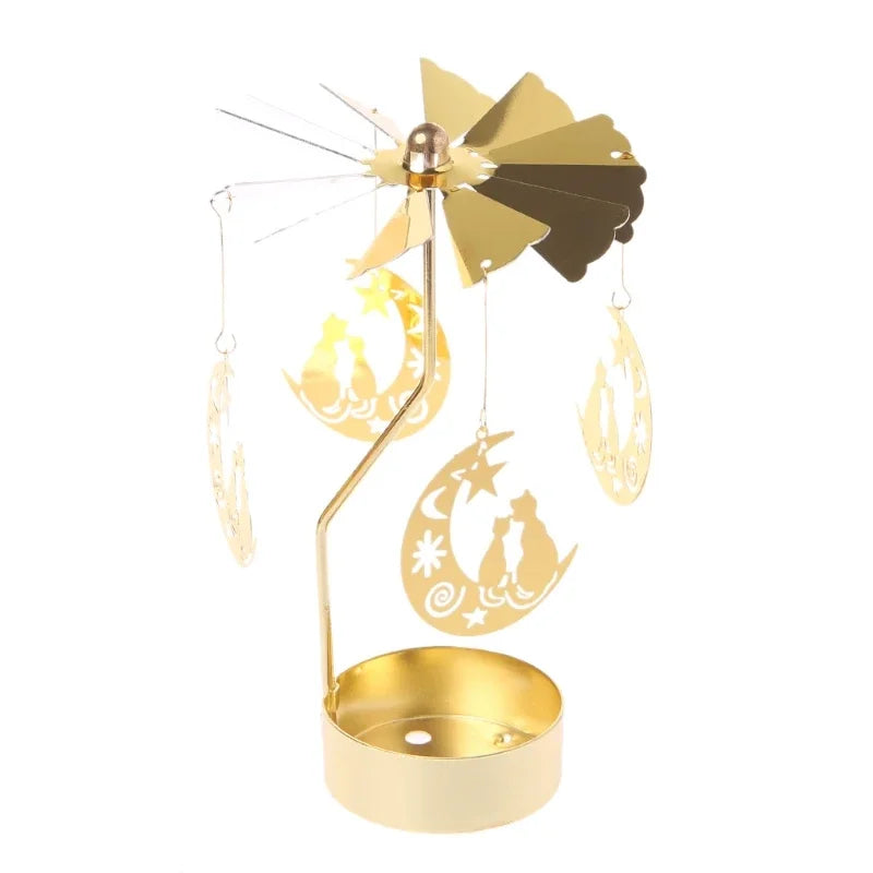 Spinning Metal Tealight Candle Holder with Rotating Charms for Cozy Home Decor & Festive Table Setting