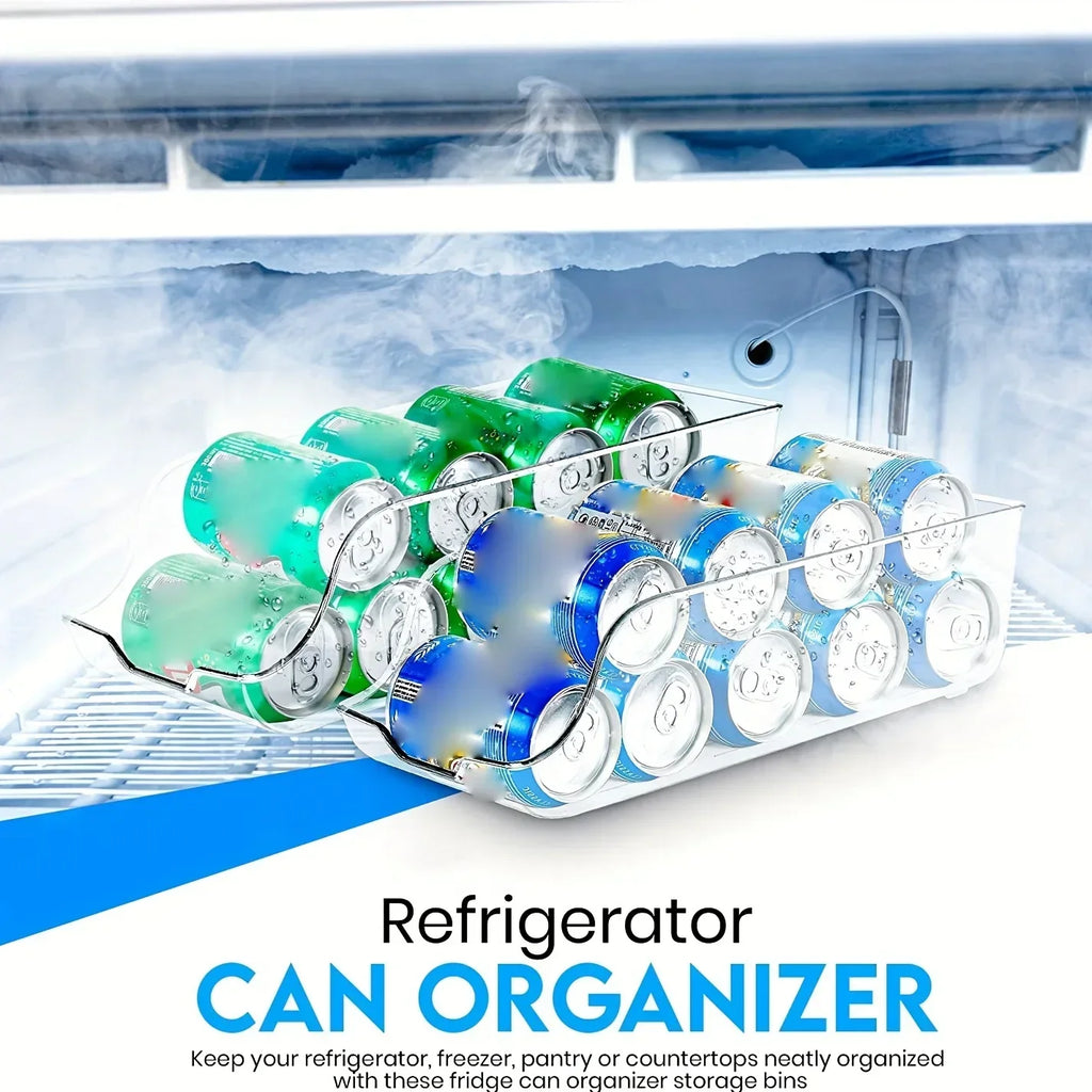 Clear rolling can dispenser bins with green and blue cans inside a refrigerator freezer
