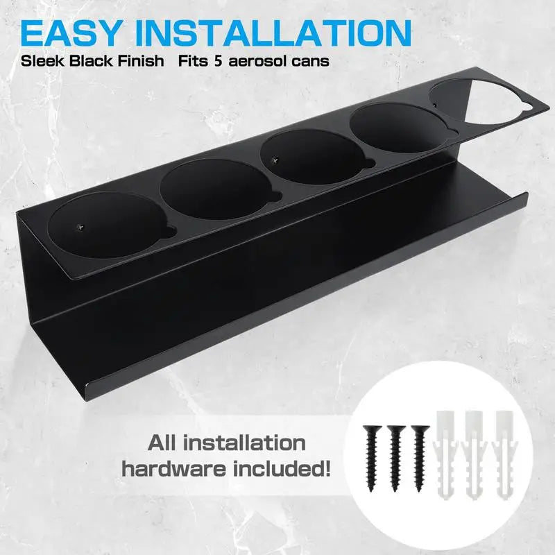 Close-up of black steel spray can rack with screws and wall anchors, text emphasizing easy installation
