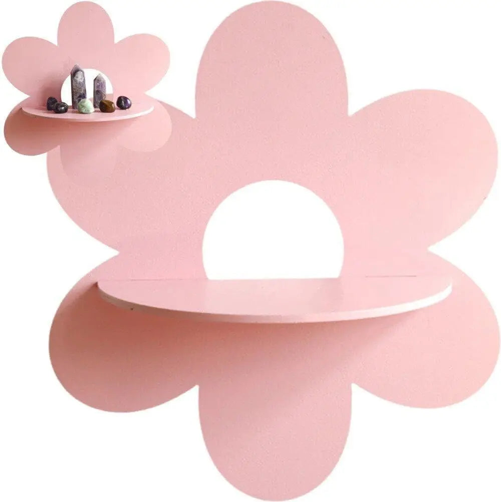 Pink flower-shaped floating wall shelf shown on white background