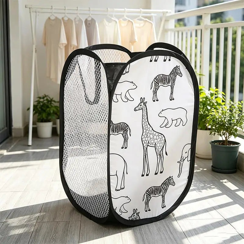 Collapsible Animal Print Mesh Laundry Hamper for Kids’ Rooms & Bathroom Organization
