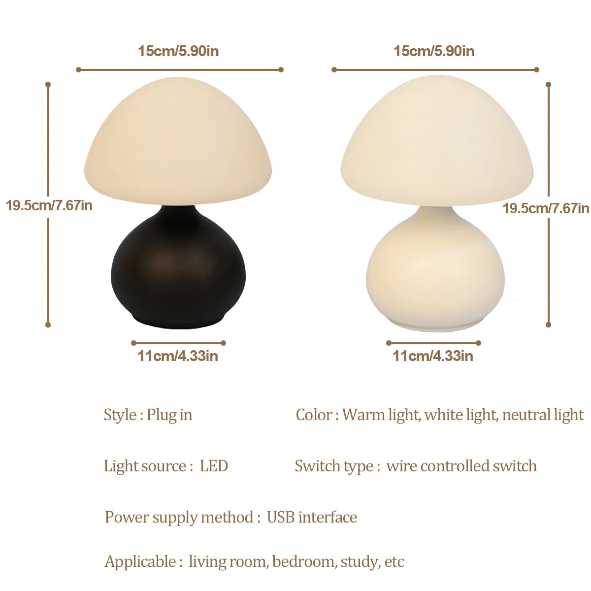 Product size chart showing black and white mushroom table lamps with dimensions and details
