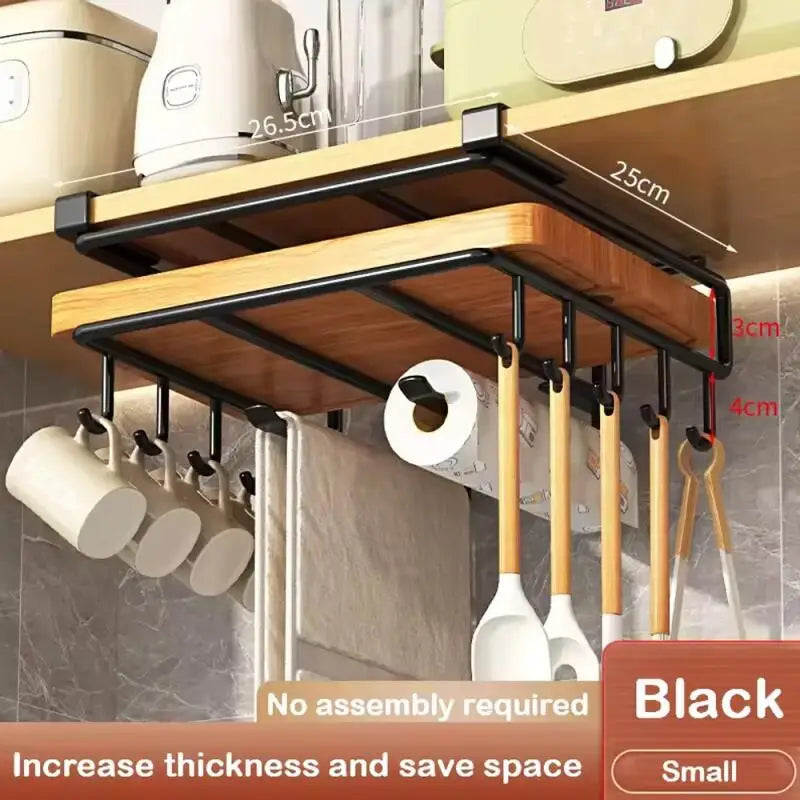 Under cabinet hanging organizer rack in use holding mugs, utensils, and paper towels with visible dimensions for kitchen storage