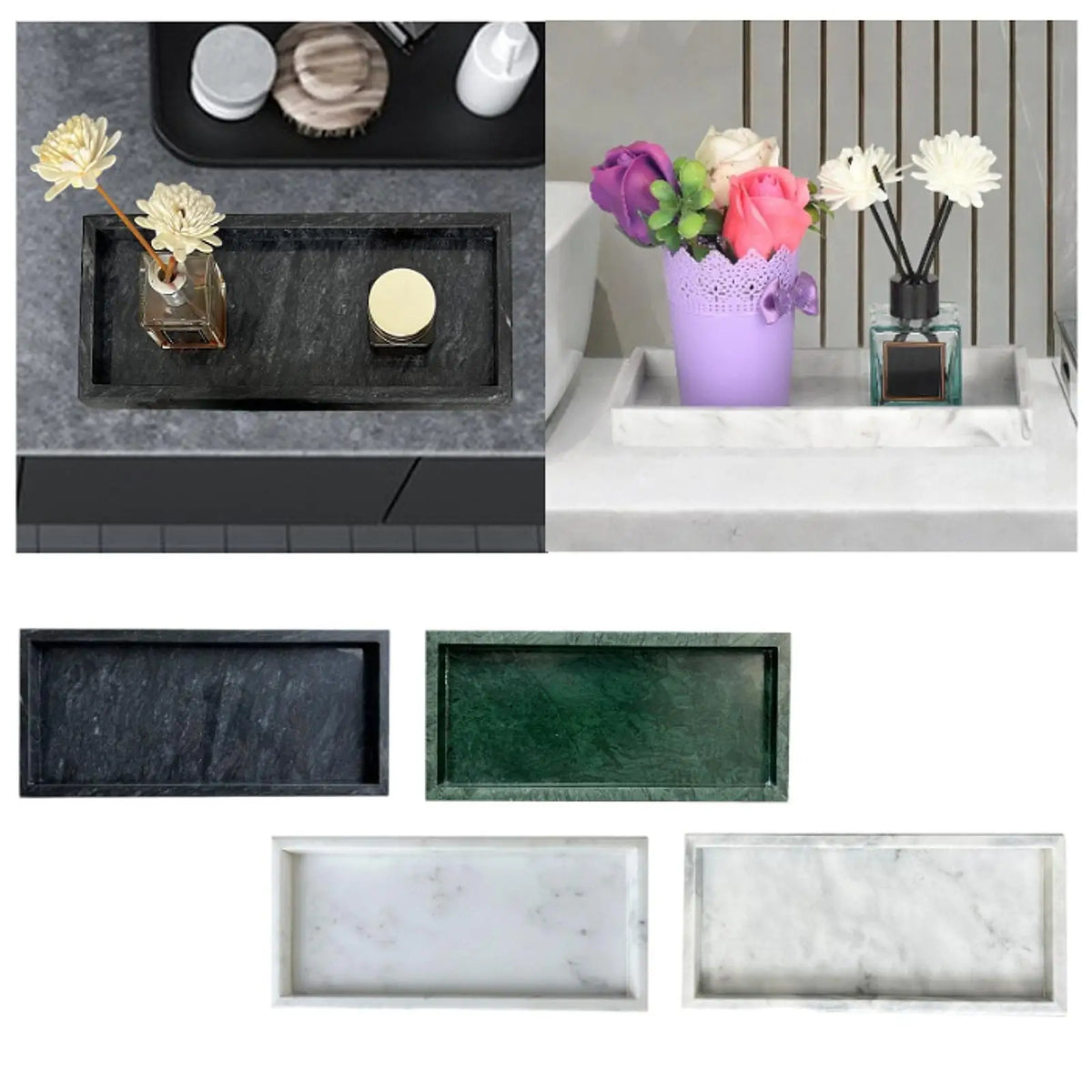 Black marble tray styled with decor items and white marble tray holding flowers in bathroom