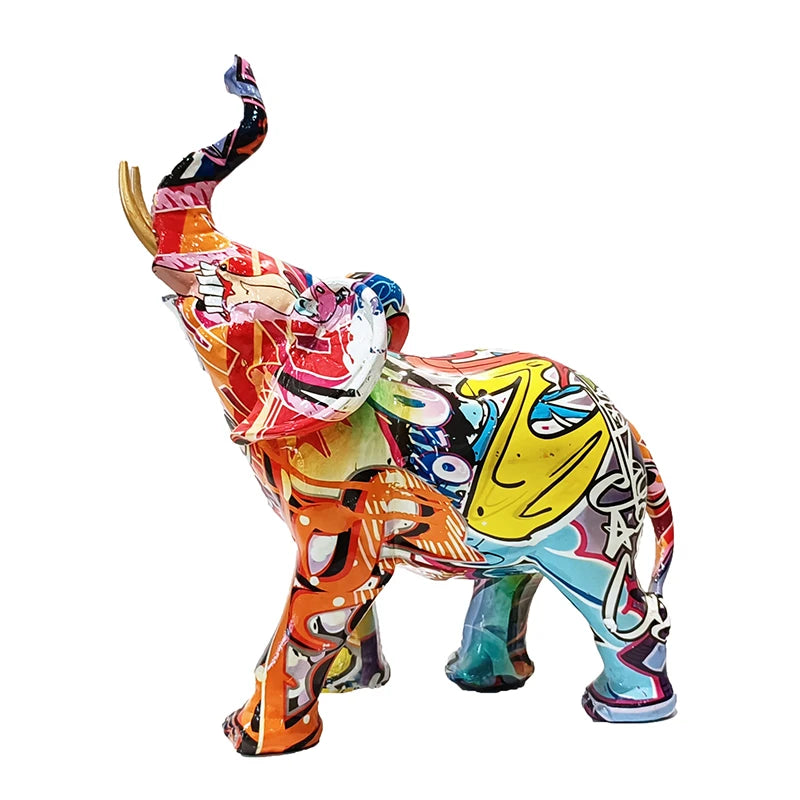Colorful graffiti-style resin elephant statue with raised trunk