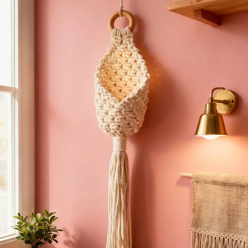 Creamy white cotton rope wall basket with fringe, hanging against pink wall in cozy room
