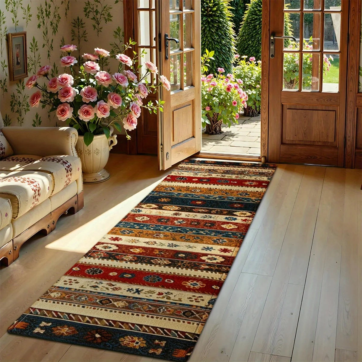 Entryway with a multicolored boho runner rug and floral accents