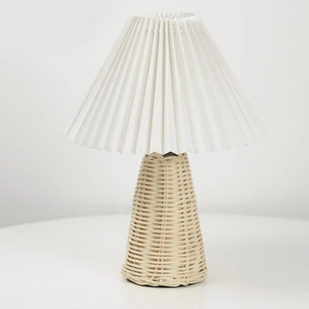 Marlow Pleated Beige Table Lamp with Rattan Base for Cozy Bedside & Living Room