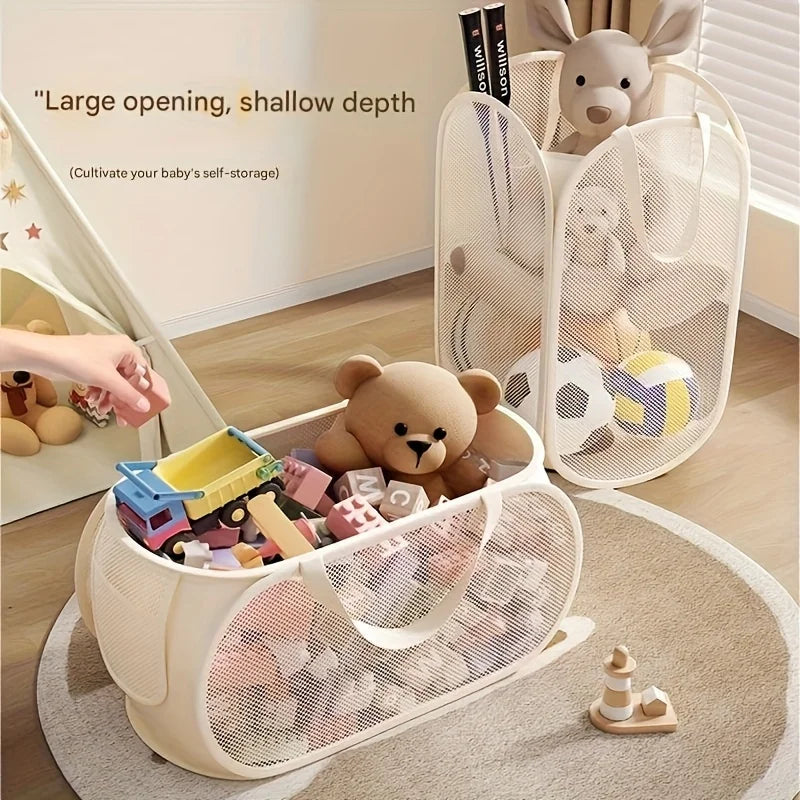 Scene with both horizontal and vertical mesh storage baskets; one being tidied by a child's hand, both filled with toys