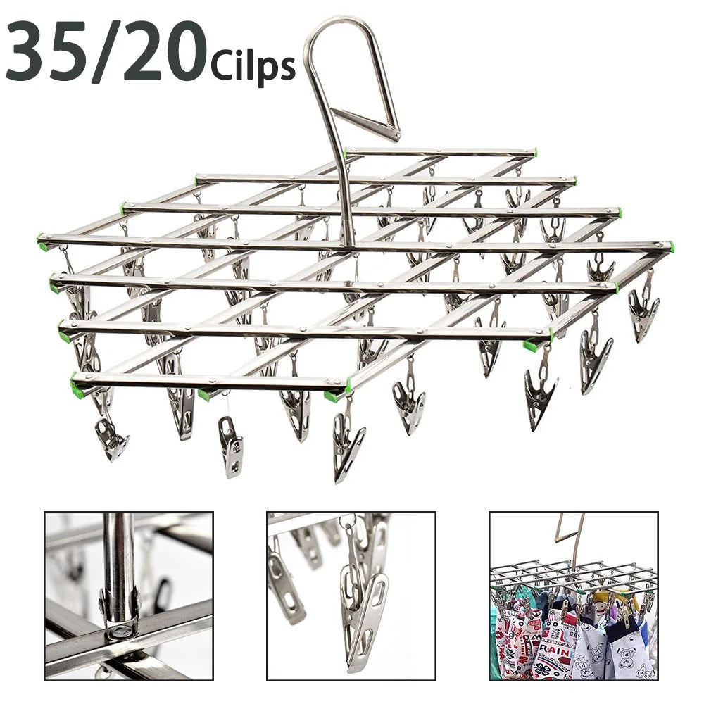 stainless steel folding drying rack with 35 and 20 clips shown hanging