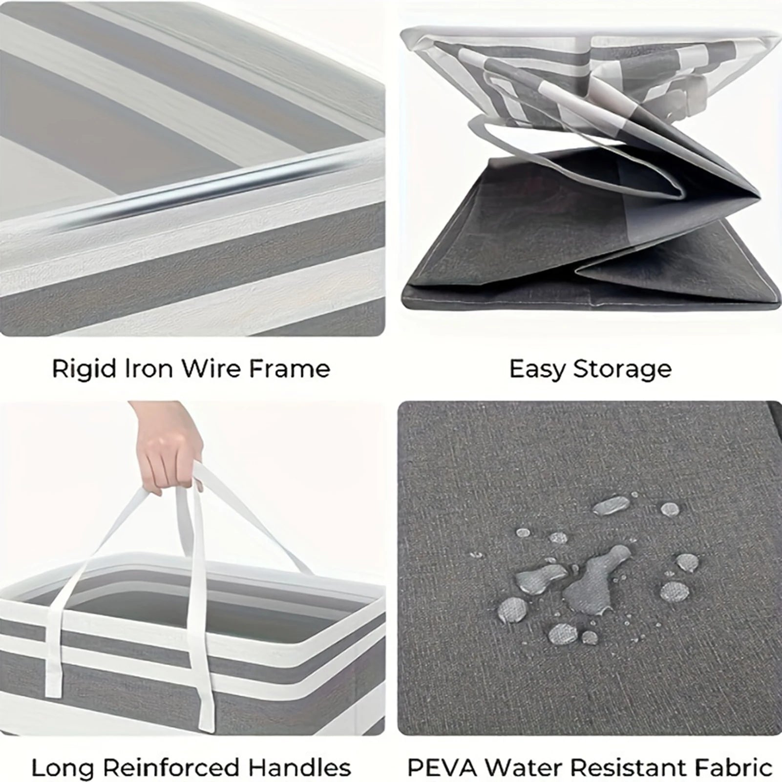 Details of collapsible laundry hamper showing iron wire frame, folding capability, reinforced handles, and water-resistant fabric