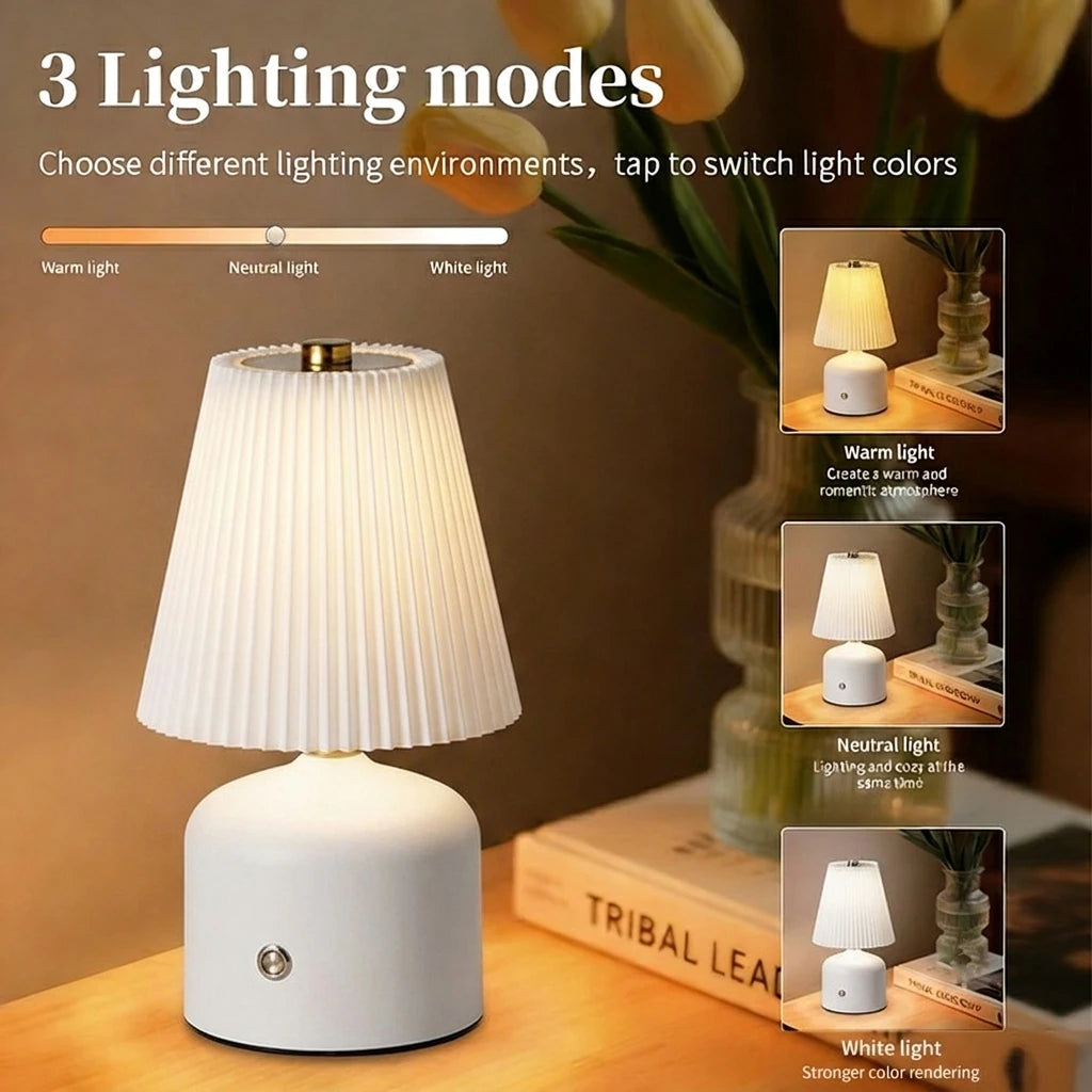 White pleated rechargeable table lamp with three adjustable lighting modes