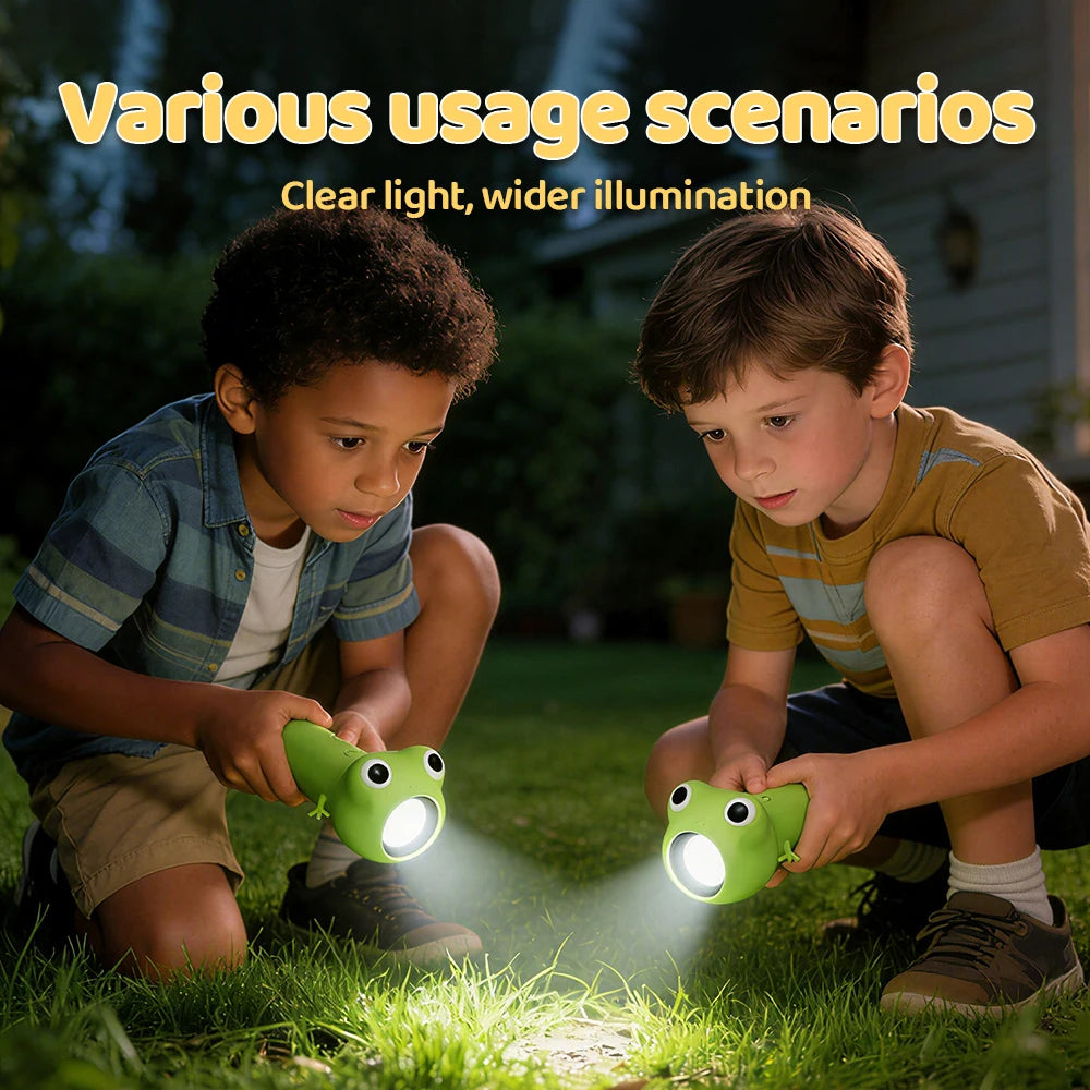 Two children exploring outdoors at night with frog animal flashlights