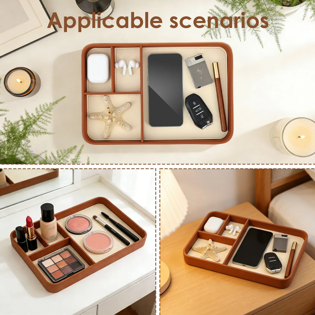 4-Compartment PU Leather Catchall Tray for Desk or Bedside