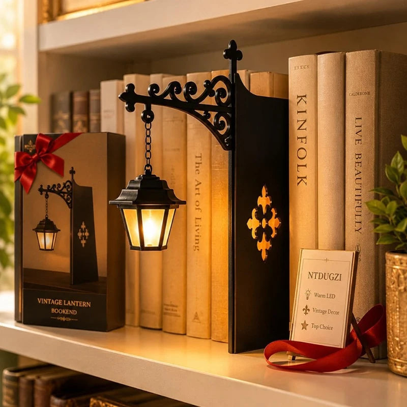 Decorative iron lantern book nook lamp glowing on a bookshelf among neutral books and plants