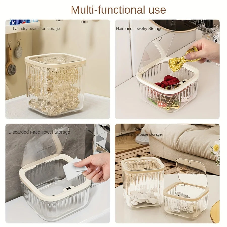 Collage showing clear flip-top bin used for laundry pods, accessories, towels, and desk storage