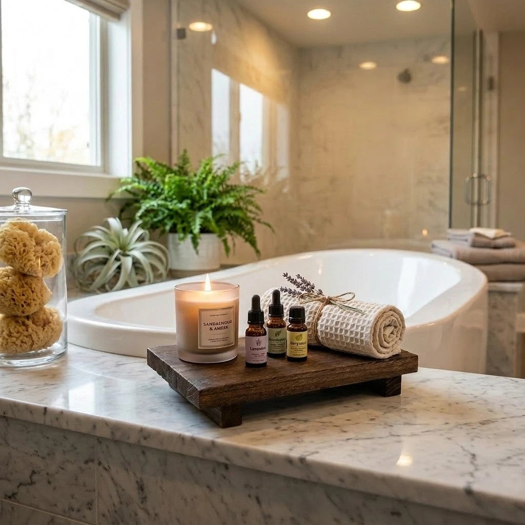 Charred wood bathroom tray displayed on a marble countertop with candle, oils, and towel in a modern bathroom setting