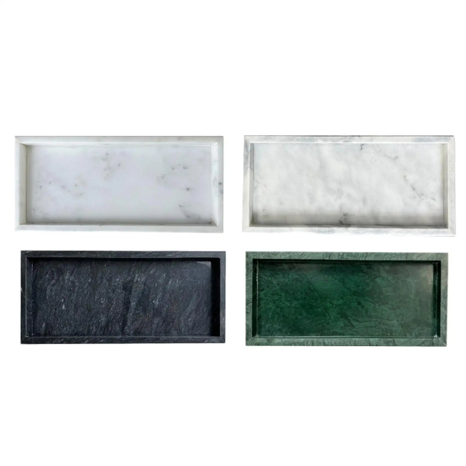 Four rectangular marble vanity trays in white, black, and green, arranged on a white background