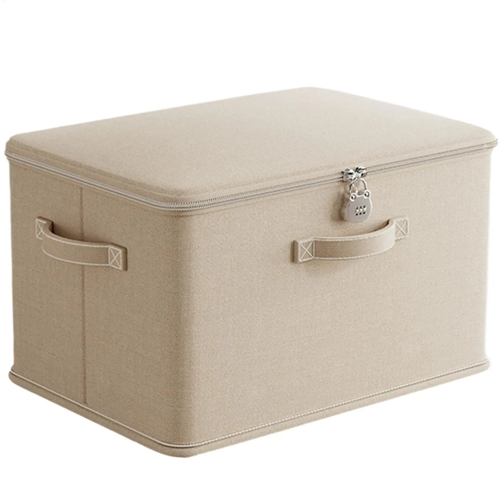 White lockable fabric storage box with zip and handles, shown alone