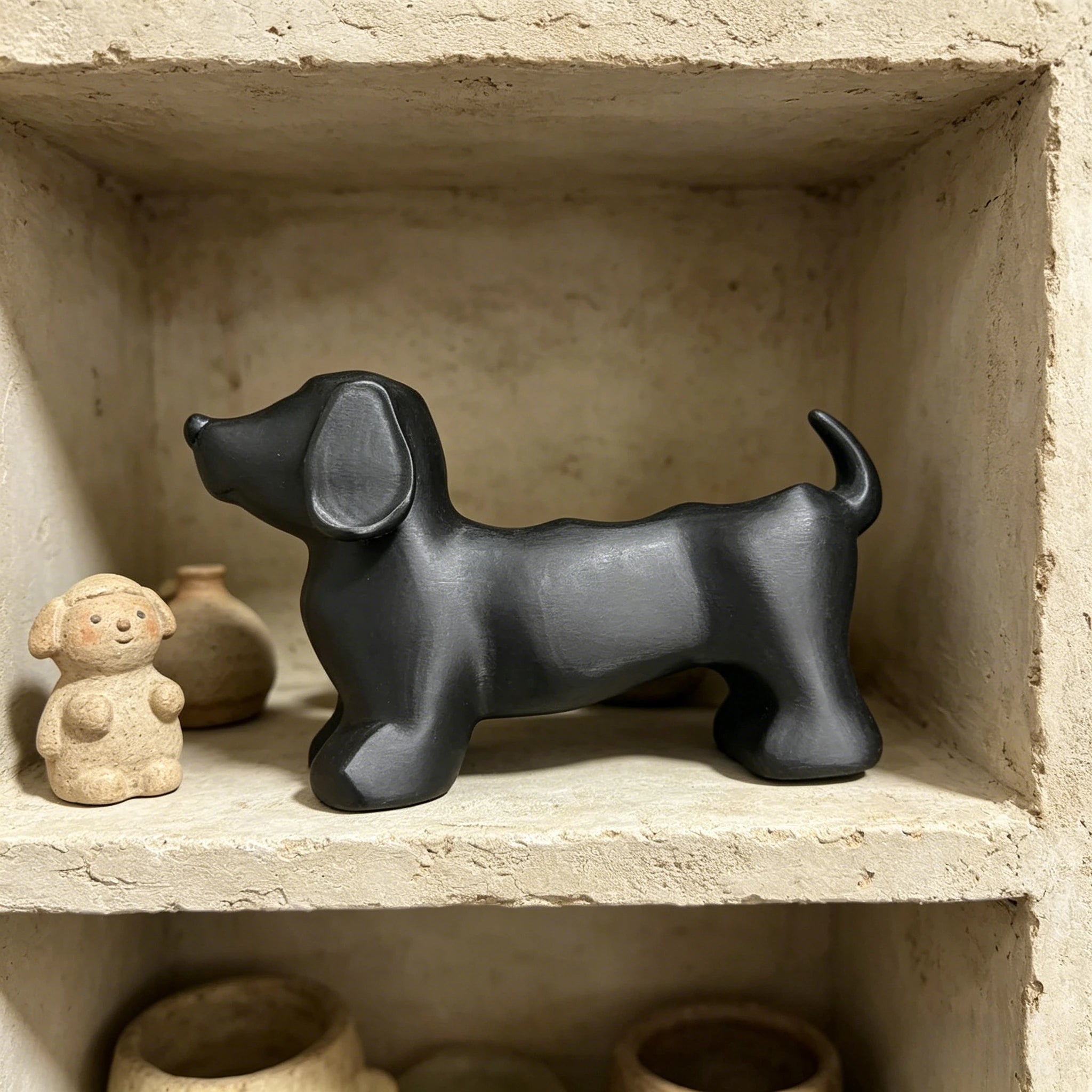 Black dachshund toothbrush holder displayed decoratively on a shelf