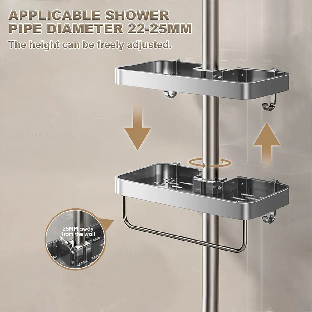 Two silver shower caddies adjustable along a vertical round pole, showing fit for 22–25mm pipe diameter