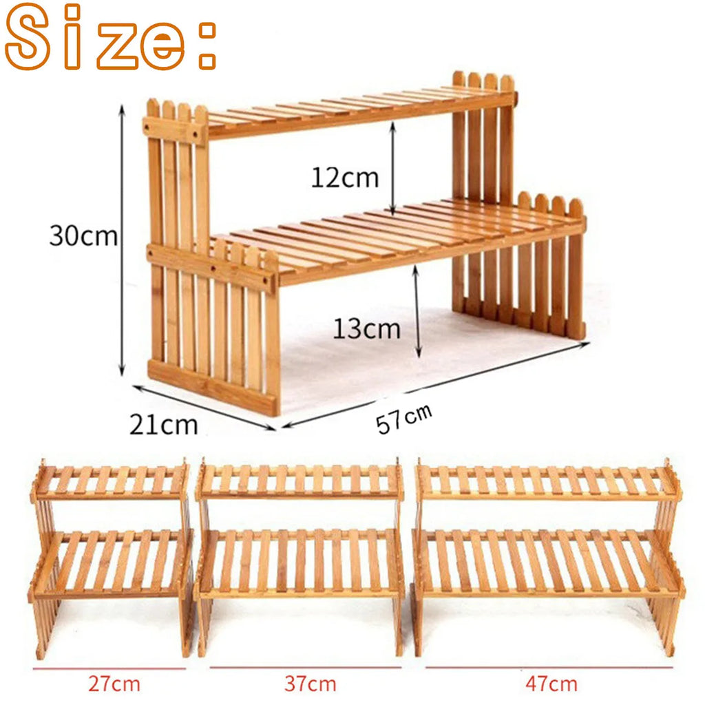 Bamboo slatted plant stand shelf with annotated dimensions in centimeters for different width options