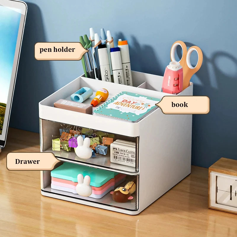 White organizer with drawers, labeled pen holder and book compartment, on a desk