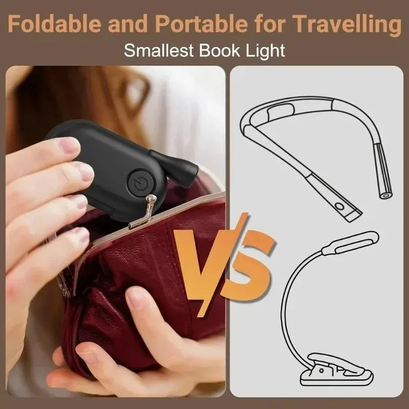 Hand placing a foldable book light into a purse, with illustration of compact size