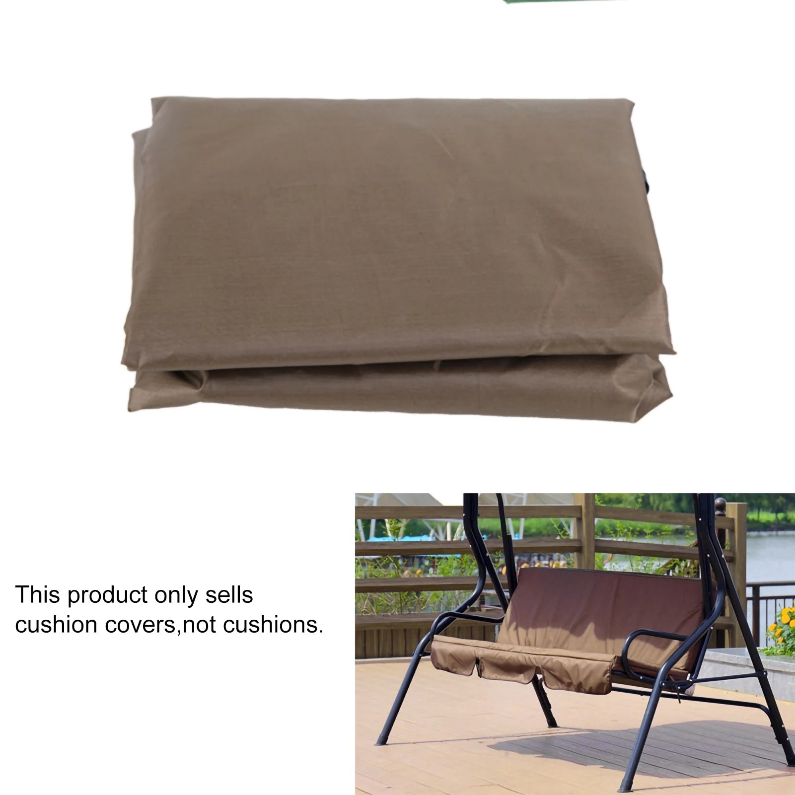 Brown swing cushion cover folded and shown on a patio swing, text indicating cushion cover only