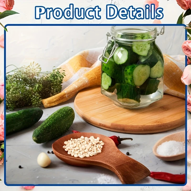 Wooden spoon rest on kitchen counter with jar of pickles and fresh produce