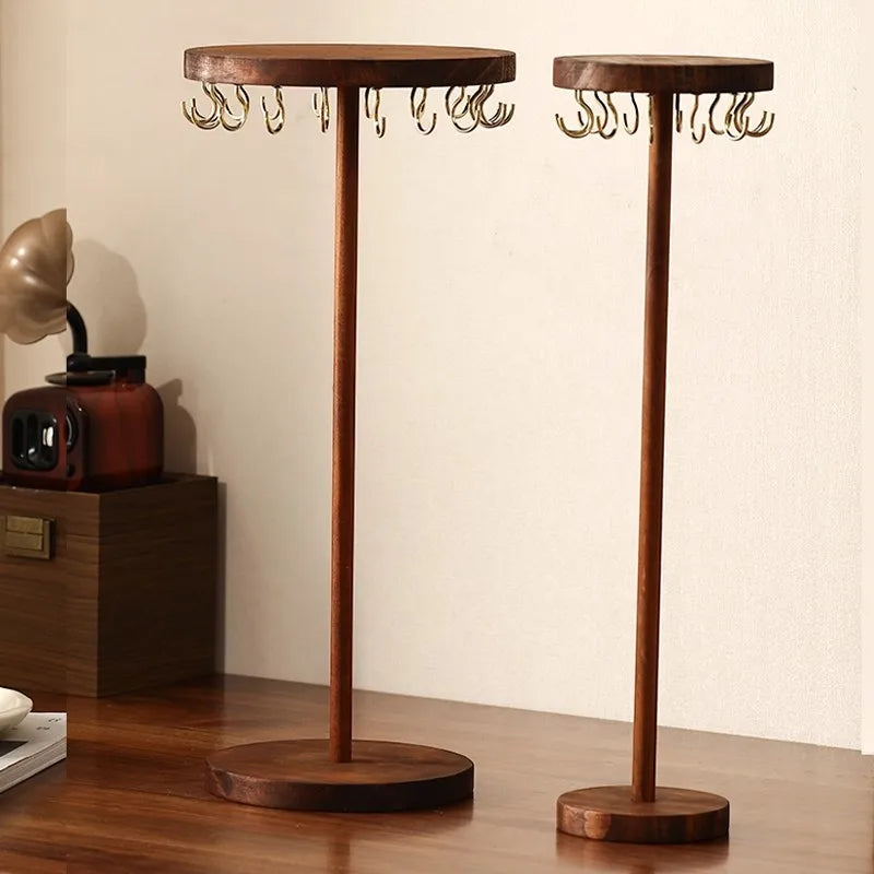 Walnut Wood Necklace Organizer Stand with Hooks
