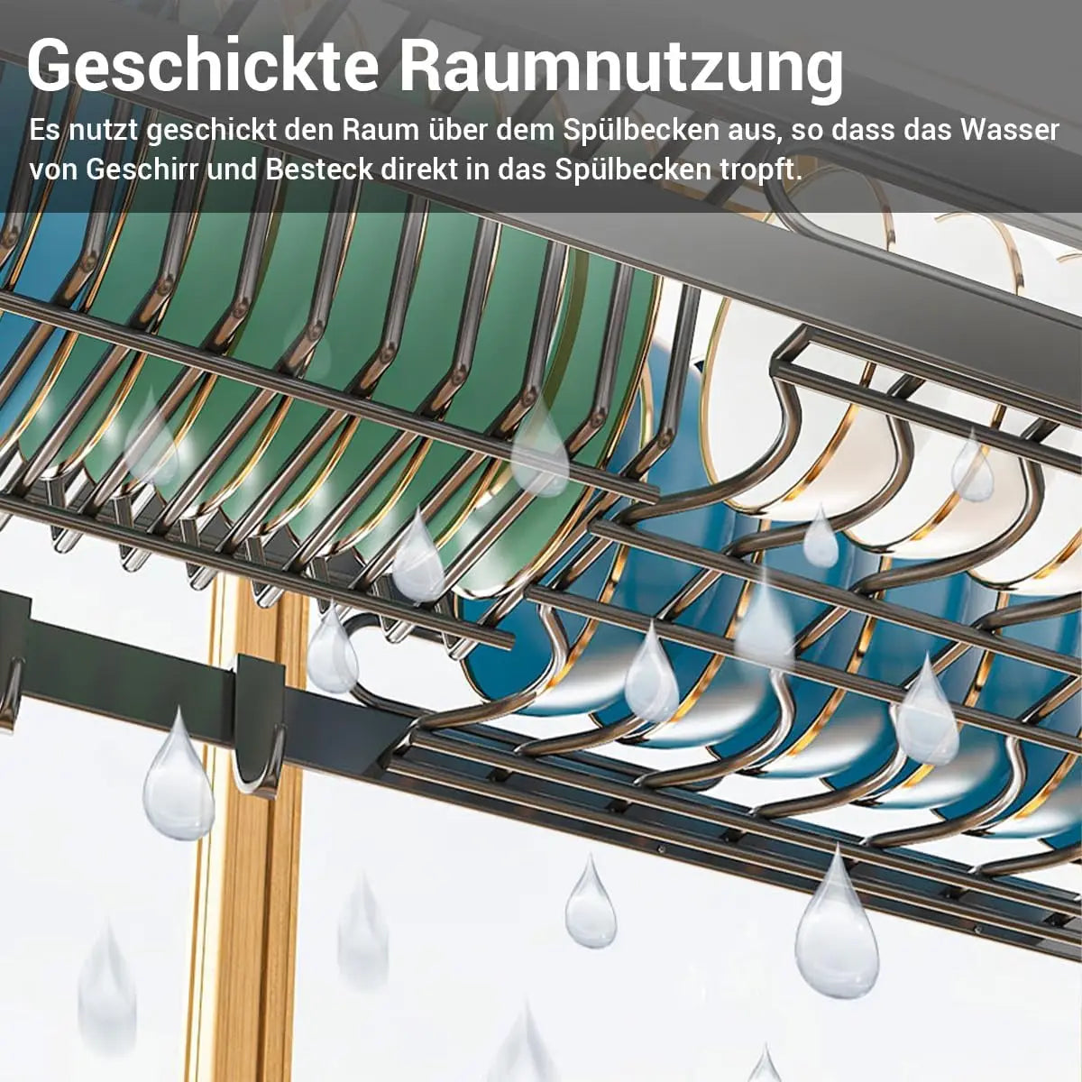 Close-up of plates and bowls draining over the sink with German overlay text describing efficient space usage.