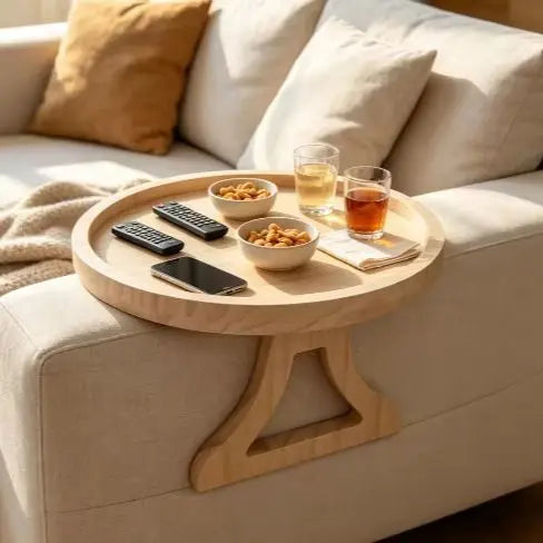 Bamboo sofa armrest tray table organized with drinks, snacks, and remotes on a sofa