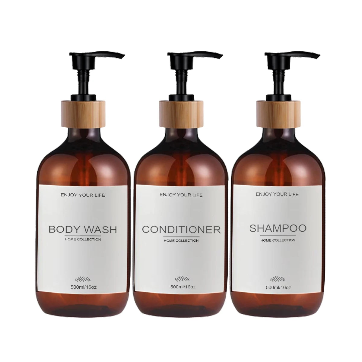 3-Pack 500ml Amber Plastic Shampoo, Conditioner & Body Wash Dispenser Bottles