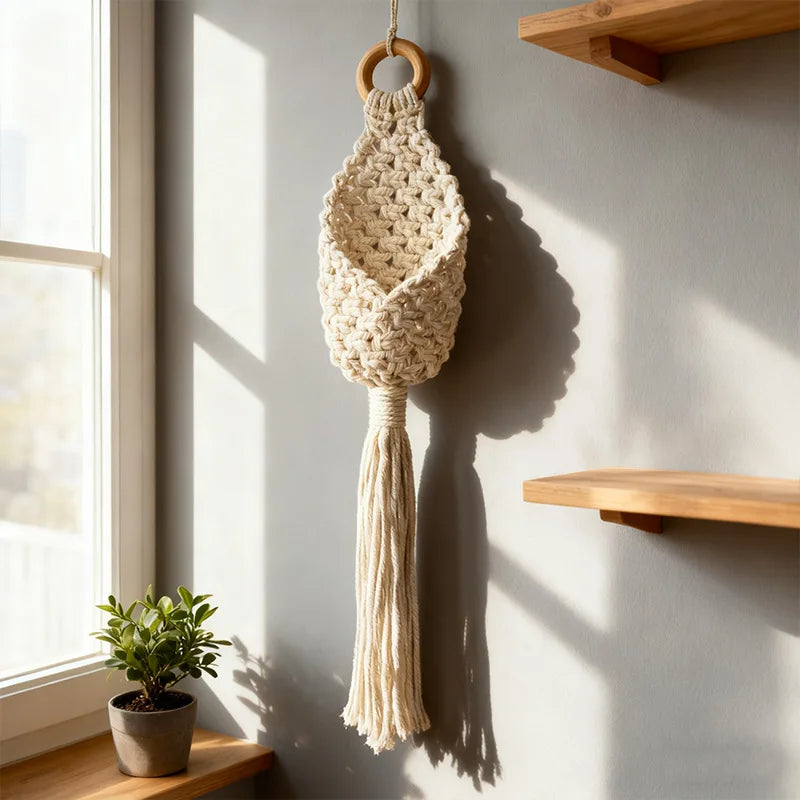 Handwoven creamy white cotton rope hanging basket with tassel on wall near window and shelves