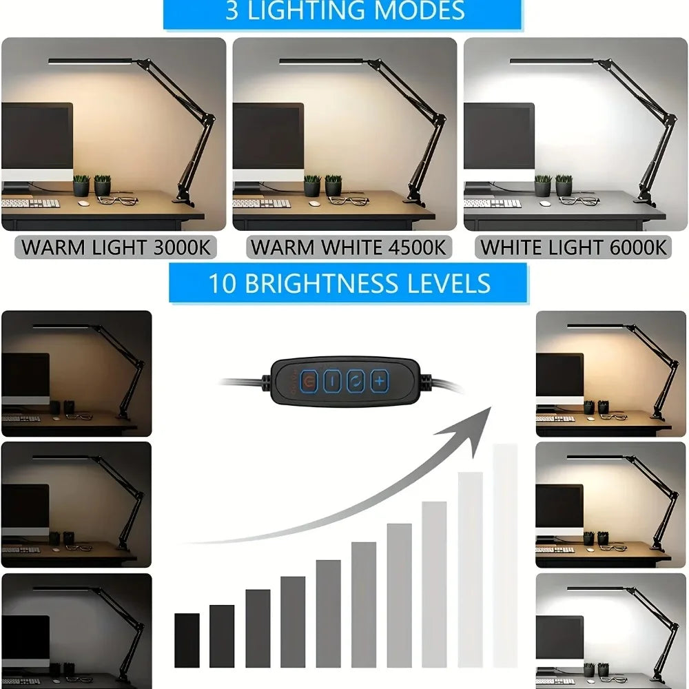 Desk lamp with clamp showing three color temperatures and multiple brightness levels on an office desk
