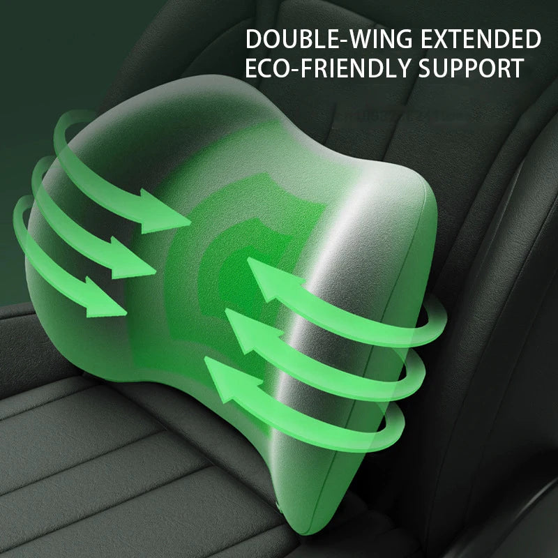 Memory foam lumbar cushion shown on a car or chair with green highlighted support