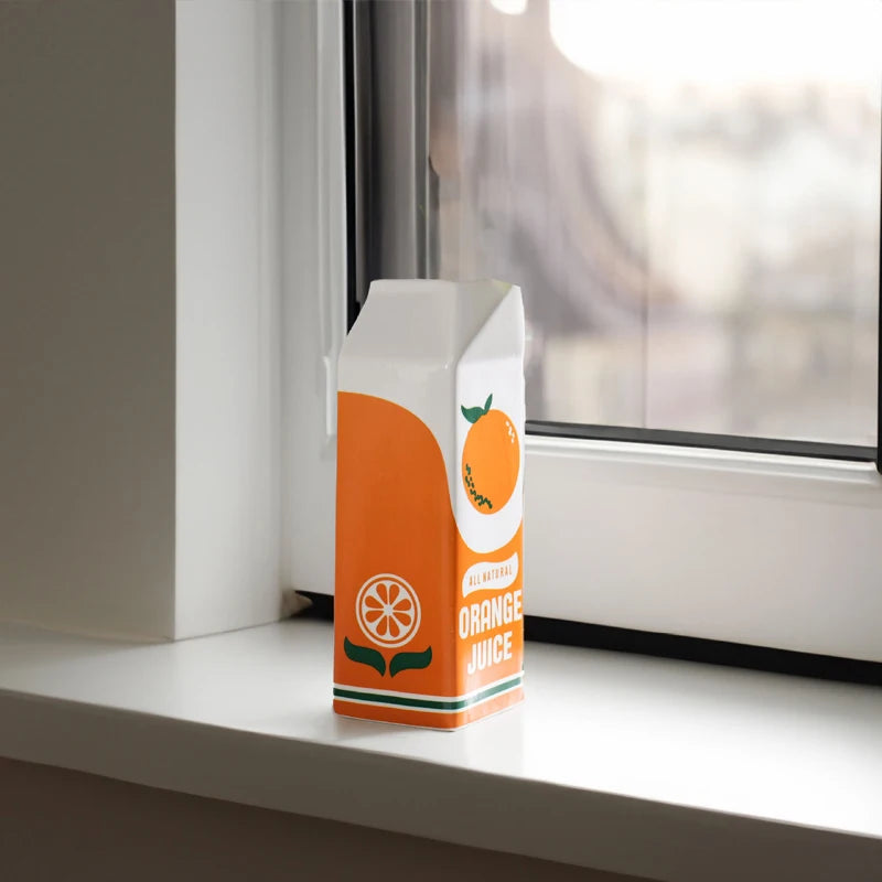 Ceramic Orange Juice Carton Vase for Playful Kitchen and Living Room Decor