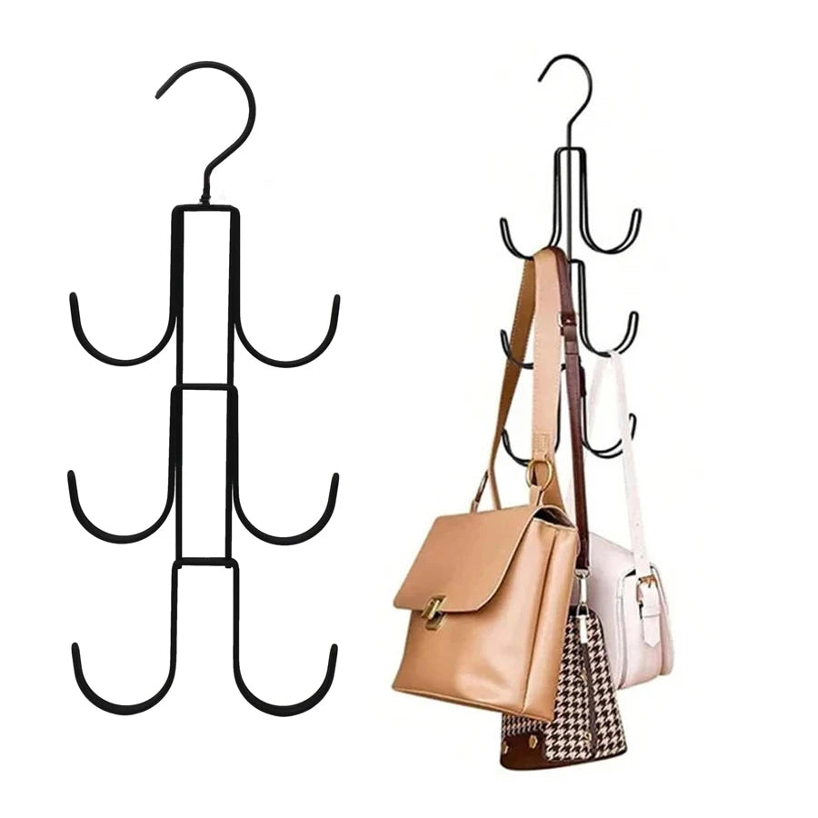 Black metal multi-hook hanger for closet organization with purses hanging