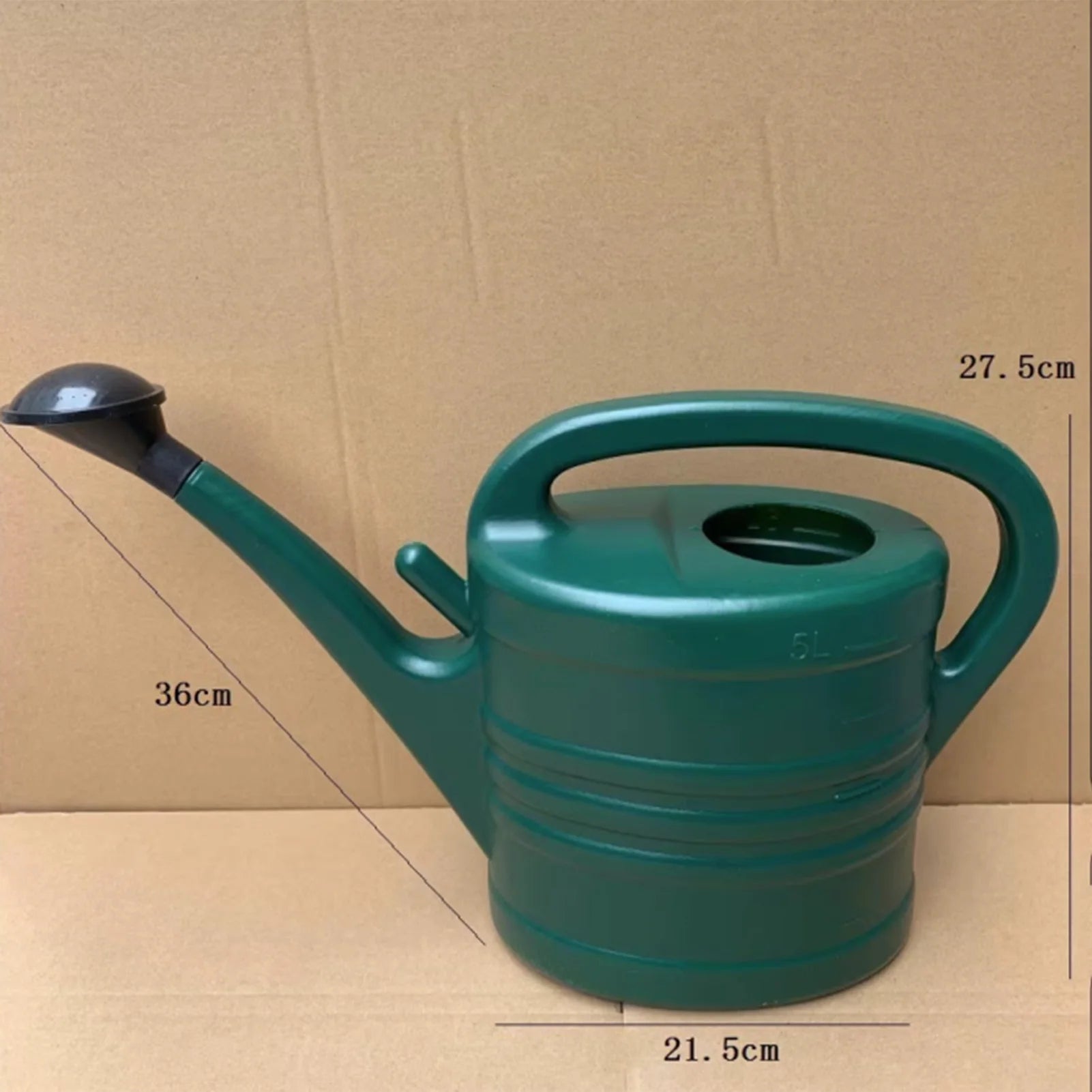 Green 5L plastic watering can with ergonomic handle and measurements shown