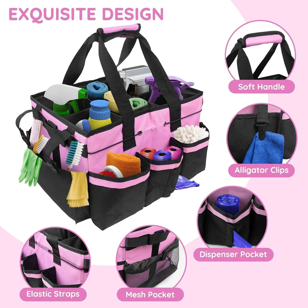 Large Pink Oxford Cloth Cleaning Caddy Bag with Adjustable Dividers and Shoulder Strap