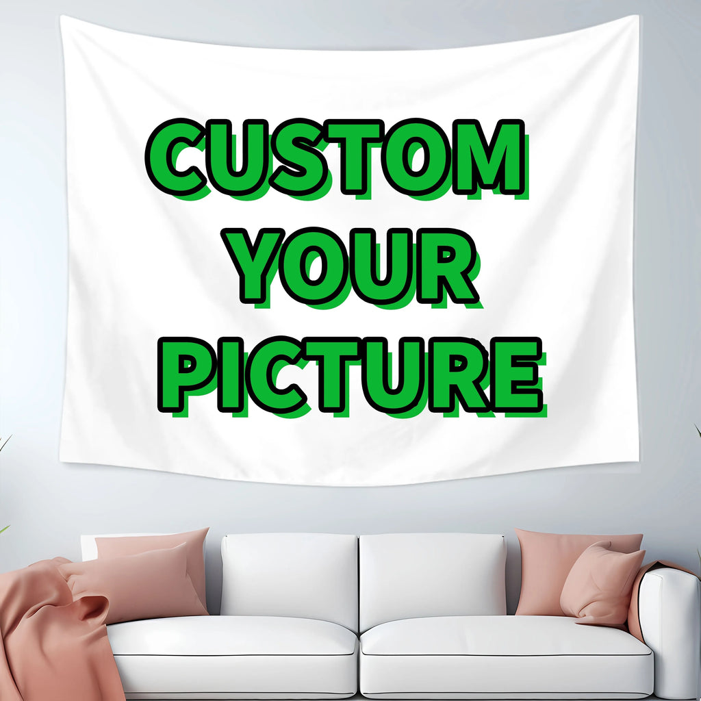 Custom photo wall tapestry mockup hanging above a living room sofa