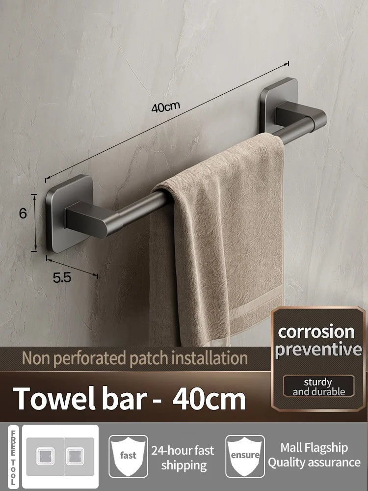Adhesive Gray Aluminum Towel Bar – No-Drill Wall-Mounted Towel Rack for Bathroom, Kitchen, or Laundry
