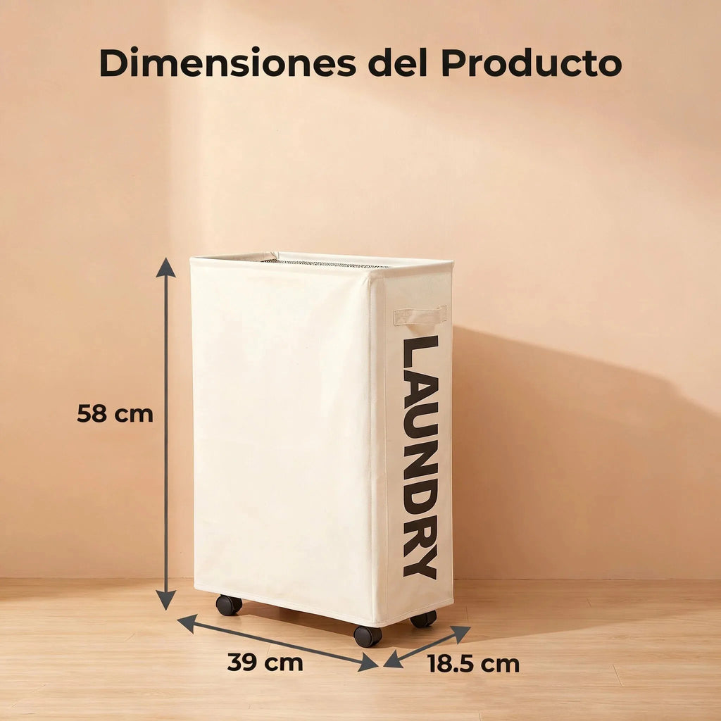 Dimensions of the slim rolling laundry basket shown as 58 cm tall, 39 cm wide, and 18.5 cm deep