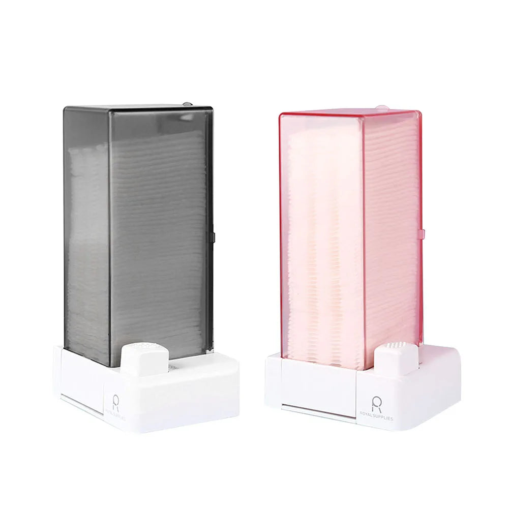 Automatic cotton pad dispenser in grey and pink with press-out button, upright on white base