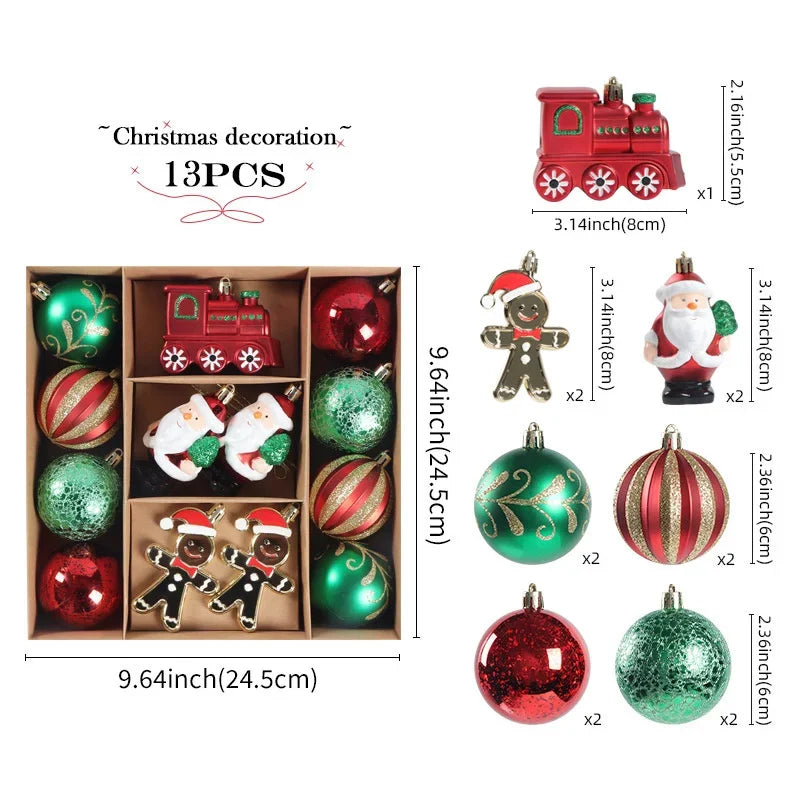 Traditions Christmas Tree Ornaments Set – Red, Green & Gold Baubles with Santa, Train & Gingerbread Figures (13 Pieces)