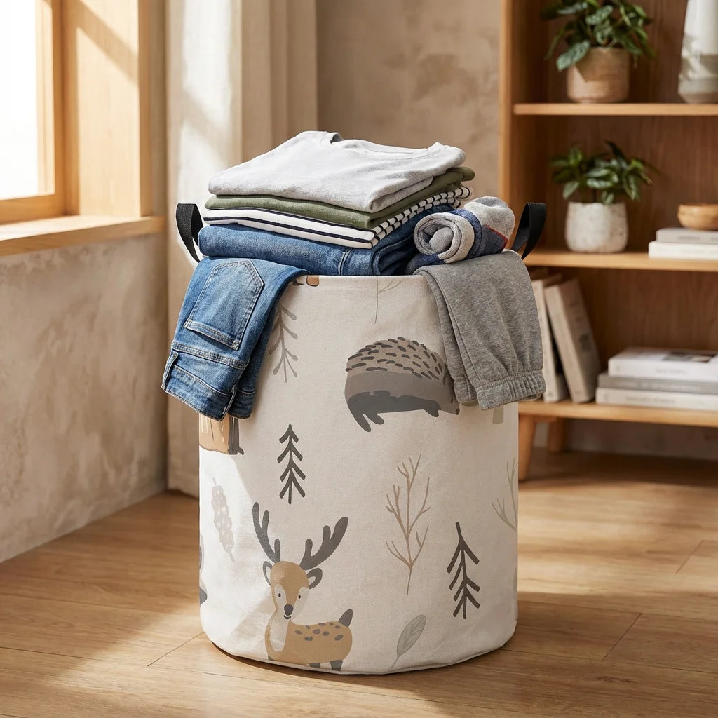 animal canvas laundry basket filled with folded clothing in a cozy bedroom